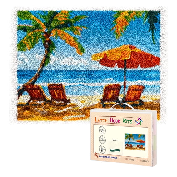 Latch Hook Rug Kit Beach Scene with Palm Trees Beach Chairs Pre-printed Handmade Carpet Crochet Yarn Craft DIY Hook and Latch Door Mat Tapestry for Home Floor Decoration 52x38cm-1