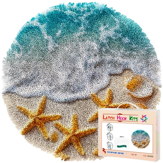 Latch Hook Rug Kit Beach Starfish and Shells Stamped Handmade Round Shape Carpet Crochet Yarn Craft DIY Hook and Latch Door Mat Tapestry for Christmas Home Floor Decor 50x50cm(5)