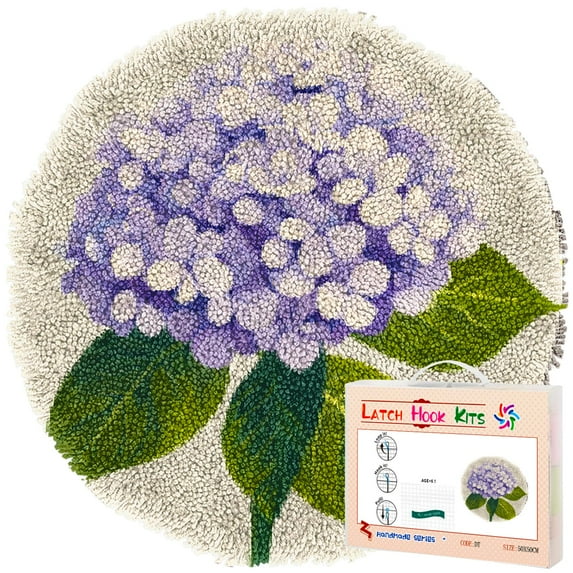 Latch Hook Rug Kit Beautiful Hydrangea Flower Stamped Handmade Round Shape Carpet Crochet Yarn Craft DIY Hook and Latch Door Mat Tapestry for Home Floor Decor 50x50cm(2)