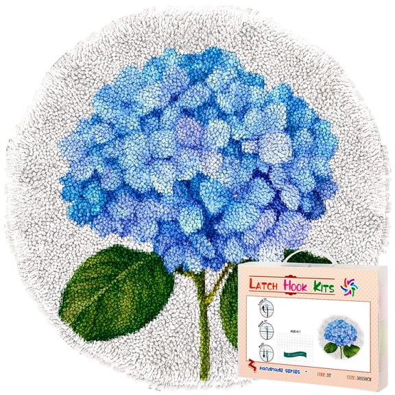Latch Hook Rug Kit Beautiful Hydrangea Flower Stamped Handmade Round Shape Carpet Crochet Yarn Craft DIY Hook and Latch Door Mat Tapestry for Home Floor Decor 50x50cm(1)