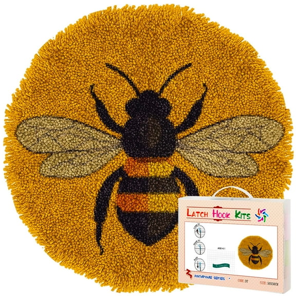 Latch Hook Rug Kit A Bee Graphic Stamped Handmade Round Shape Carpet Crochet Yarn Craft DIY Hook and Latch Door Mat Tapestry for Home Floor Decor 50x50cm