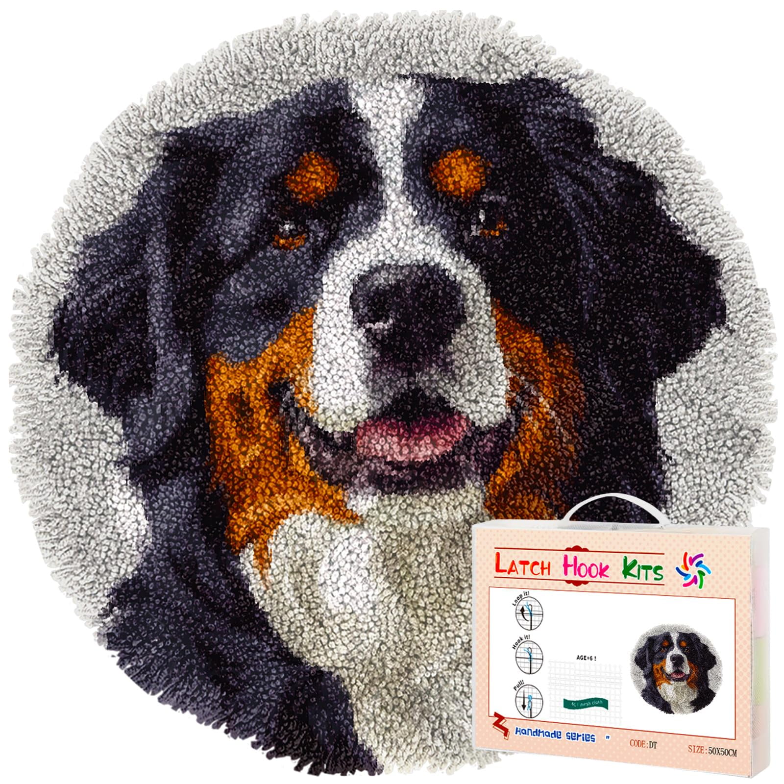 DIY Latch Hook Rug Kit - Bernese Mountain Dog Design, 50x50cm Round Stamped Rug, Craft Kit For Beginners