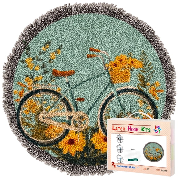 Latch Hook Rug Kit Bike and Flowers Stamped Handmade Round Shape Carpet Crochet Yarn Craft DIY Hook and Latch Door Mat Tapestry for Home Floor Decor 50x50cm(5)