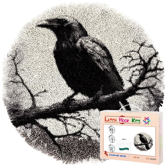 Latch Hook Rug Kit Black Raven on Branch Stamped Handmade Round Shape Carpet Crochet Yarn Craft DIY Hook and Latch Door Mat Tapestry for Home Floor Decor 50x50cm(4)