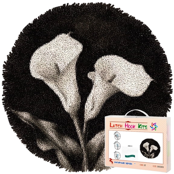 Latch Hook Rug Kit Black and White Calla Lily Flowers Stamped Handmade Round Shape Carpet Crochet Yarn Craft DIY Hook and Latch Door Mat Tapestry for Christmas Home Floor Decor 50x50cm(1)