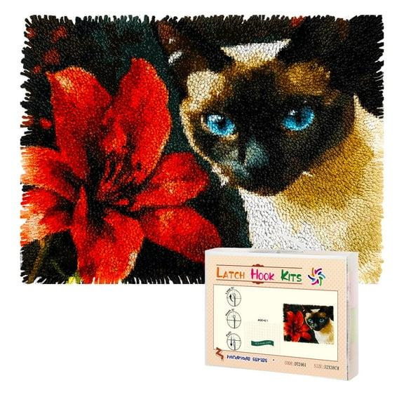 Latch Hook Rug Kit Black and White Siamese Cat Pre-printed Handmade Carpet Crochet Yarn Craft DIY Hook and Latch Door Mat Tapestry for Home Floor Decoration 52x38cm-1