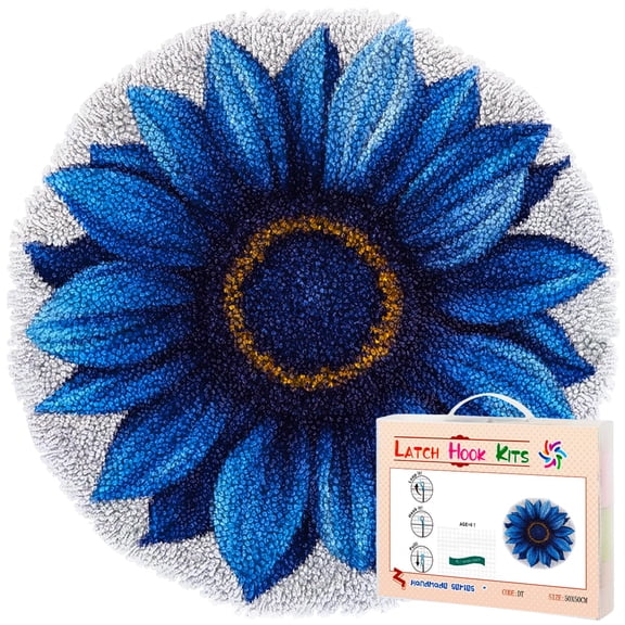 Latch Hook Rug Kit Blue Night Sunflower Stamped Handmade Round Shape Carpet Crochet Yarn Craft DIY Hook and Latch Door Mat Tapestry for Christmas Home Floor Decor 50x50cm(6)