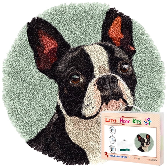Latch Hook Rug Kit Boston Terrier Dog Stamped Handmade Round Shape Carpet Crochet Yarn Craft DIY Hook and Latch Door Mat Tapestry for Home Floor Decor 50x50cm