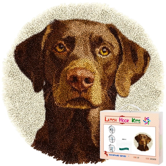 Latch Hook Rug Kit Brown Labrador Dog Stamped Handmade Round Shape Carpet Crochet Yarn Craft DIY Hook and Latch Door Mat Tapestry for Christmas Home Floor Decor 50x50cm(1)