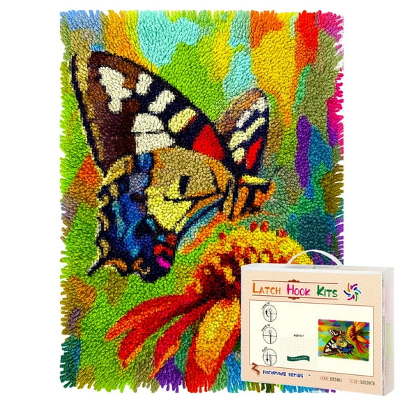 Latch Hook Rug Kit Butterfly Resting on Flower Pre-printed Handmade Carpet Crochet Yarn Craft DIY Hook and Latch Door Mat Tapestry for Home Floor Decoration 52x38cm-2