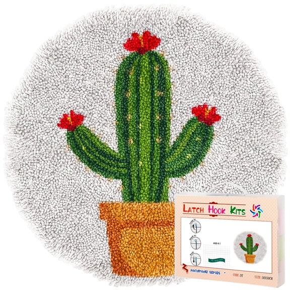 Latch Hook Rug Kit Cactus with Blossom Flower Stamped Handmade Round Shape Carpet Crochet Yarn Craft DIY Hook and Latch Door Mat Tapestry for Home Floor Decor 50x50cm