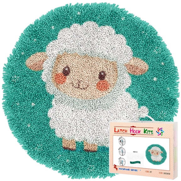 Latch Hook Rug Kit A Cartoon Cute Baby White Sheep Stamped Handmade Round Shape Carpet Crochet Yarn Craft DIY Hook and Latch Door Mat Tapestry for Home Floor Decor 50x50cm(1)