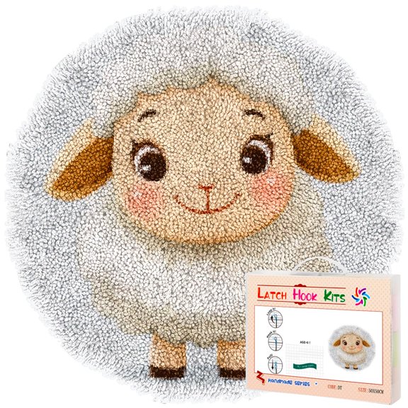 Latch Hook Rug Kit Cartoon Cute Baby White Sheep Stamped Handmade Round Shape Carpet Crochet Yarn Craft DIY Hook and Latch Door Mat Tapestry for Home Floor Decor 50x50cm(2)