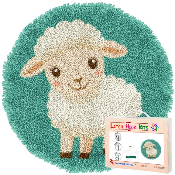 Latch Hook Rug Kit A Cartoon Cute Baby White Sheep Stamped Handmade Round Shape Carpet Crochet Yarn Craft DIY Hook and Latch Door Mat Tapestry for Home Floor Decor 50x50cm(6)
