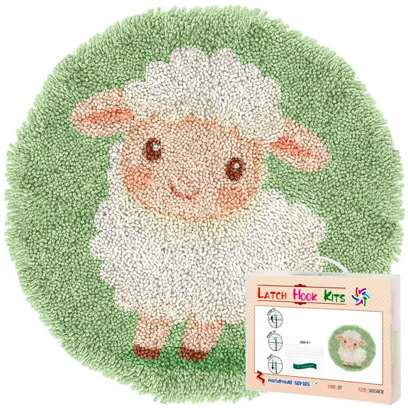 Latch Hook Rug Kit A Cartoon Cute Baby White Sheep Stamped Handmade Round Shape Carpet Crochet Yarn Craft DIY Hook and Latch Door Mat Tapestry for Home Floor Decor 50x50cm(4)