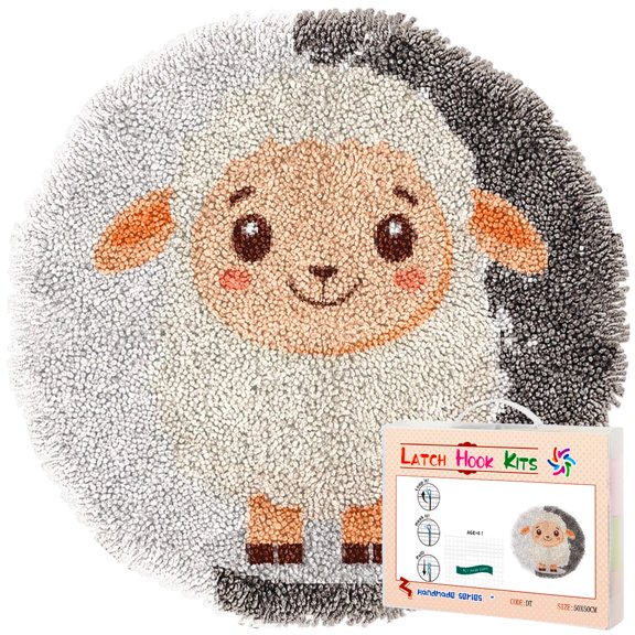 Latch Hook Rug Kit Cartoon Cute Baby White Sheep Stamped Handmade Round Shape Carpet Crochet Yarn Craft DIY Hook and Latch Door Mat Tapestry for Home Floor Decor 50x50cm(1)