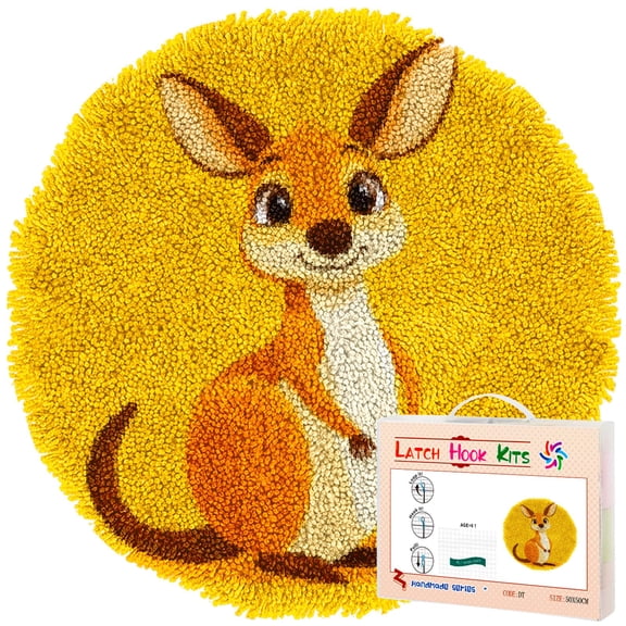 Latch Hook Rug Kit A Cartoon Cute Kangaroo Stamped Handmade Round Shape Carpet Crochet Yarn Craft DIY Hook and Latch Door Mat Tapestry for Home Floor Decor 50x50cm(2)