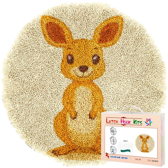Latch Hook Rug Kit A Cartoon Cute Kangaroo Stamped Handmade Round Shape Carpet Crochet Yarn Craft DIY Hook and Latch Door Mat Tapestry for Home Floor Decor 50x50cm(1)