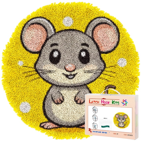 Latch Hook Rug Kit A Cartoon Cute Mouse Stamped Handmade Round Shape Carpet Crochet Yarn Craft DIY Hook and Latch Door Mat Tapestry for Home Floor Decor 50x50cm(1)