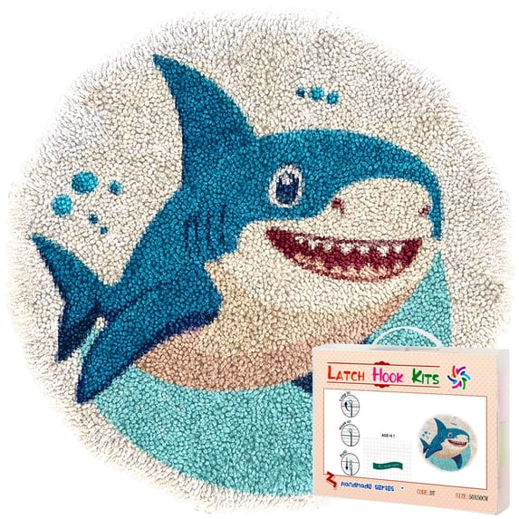Latch Hook Rug Kit A Cartoon Cute Sea Shark Stamped Handmade Round Shape Carpet Crochet Yarn Craft DIY Hook and Latch Door Mat Tapestry for Home Floor Decor 50x50cm(1)