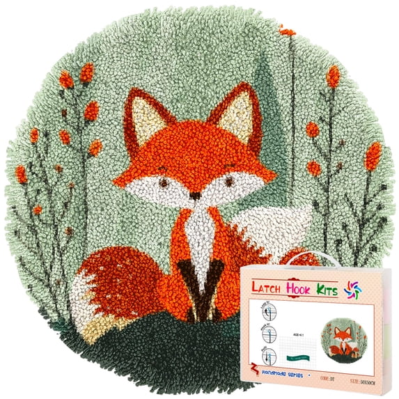 Latch Hook Rug Kit Cartoon Fox and Mushroom Stamped Handmade Round Shape Carpet Crochet Yarn Craft DIY Hook and Latch Door Mat Tapestry for Home Floor Decor 50x50cm(2)