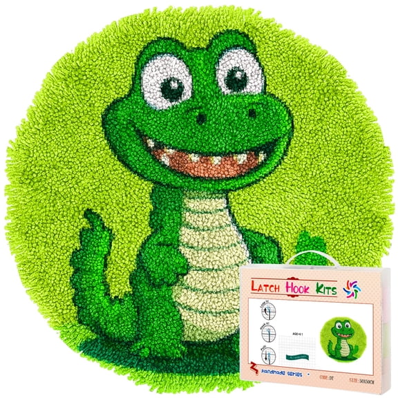 Latch Hook Rug Kit Cartoon Green Alligator Crocodile Stamped Handmade Round Shape Carpet Crochet Yarn Craft DIY Hook and Latch Door Mat Tapestry for Home Floor Decor 50x50cm(1)