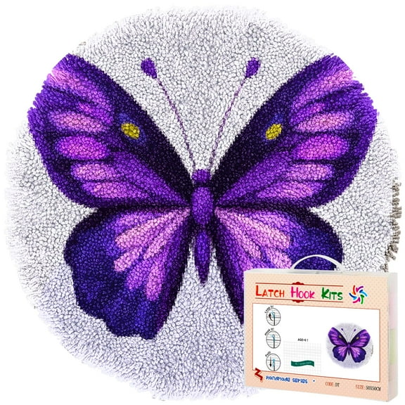 Latch Hook Rug Kit Cartoon Purple Butterfly Stamped Handmade Round Shape Carpet Crochet Yarn Craft DIY Hook and Latch Door Mat Tapestry for Home Floor Decor 50x50cm
