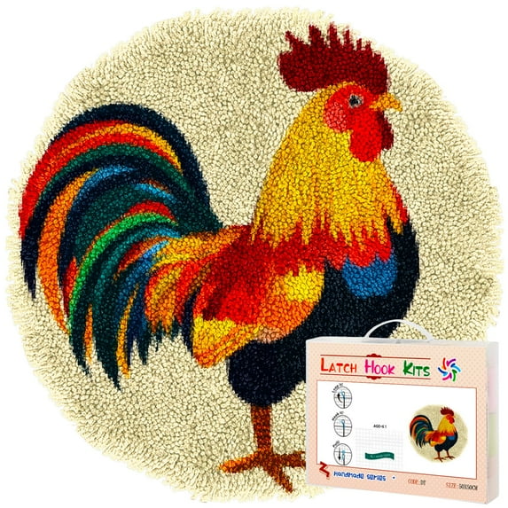 Latch Hook Rug Kit Colorful Rooster Stamped Handmade Round Shape Carpet Crochet Yarn Craft DIY Hook and Latch Door Mat Tapestry for Home Floor Decor 50x50cm(2)