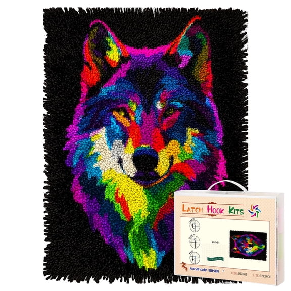 Latch Hook Rug Kit Colorful Wolf Pre-printed Handmade Carpet Crochet Yarn Craft DIY Hook and Latch Door Mat Tapestry for Home Floor Decoration 52x38cm-2