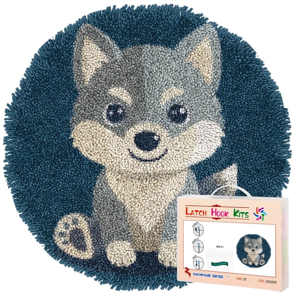 Latch Hook Rug Kit Cute Baby Grey Wolf Stamped Handmade Round Shape Carpet Crochet Yarn Craft DIY Hook and Latch Door Mat Tapestry for Home Floor Decor 50x50cm(1)