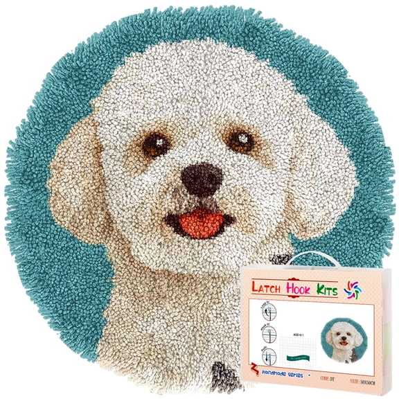 Latch Hook Rug Kit Cute Bichon Frise Dog Stamped Handmade Round Shape Carpet Crochet Yarn Craft DIY Hook and Latch Door Mat Tapestry for Home Floor Decor 50x50cm(5)