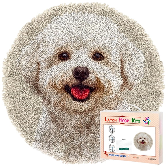 Latch Hook Rug Kit Cute Bichon Frise Dog Stamped Handmade Round Shape Carpet Crochet Yarn Craft DIY Hook and Latch Door Mat Tapestry for Home Floor Decor 50x50cm(2)