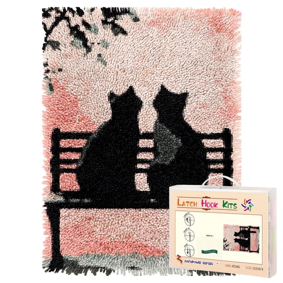 Latch Hook Rug Kit Cute Black Cats Sitting on Bench Autumn Tree Pre-printed Handmade Carpet Crochet Yarn Craft DIY Hook and Latch Door Mat Tapestry for Home Floor Decoration 52x38cm-2