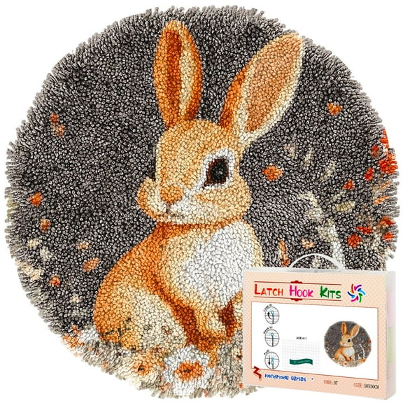 Latch Hook Rug Kit Cute Cartoon Rabbit among Flowers Stamped Handmade Round Shape Carpet Crochet Yarn Craft DIY Hook and Latch Door Mat Tapestry for Christmas Home Floor Decor 50x50cm(2)