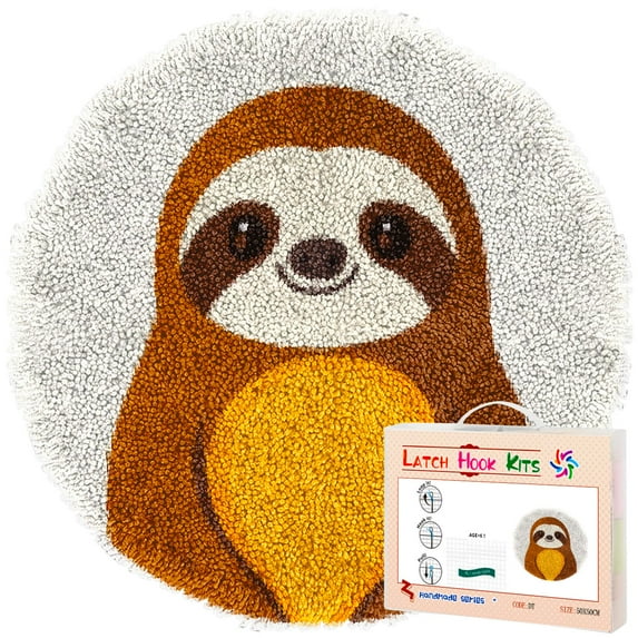 Latch Hook Rug Kit A Cute Cartoon Sloth Stamped Handmade Round Shape Carpet Crochet Yarn Craft DIY Hook and Latch Door Mat Tapestry for Home Floor Decor 50x50cm(3)