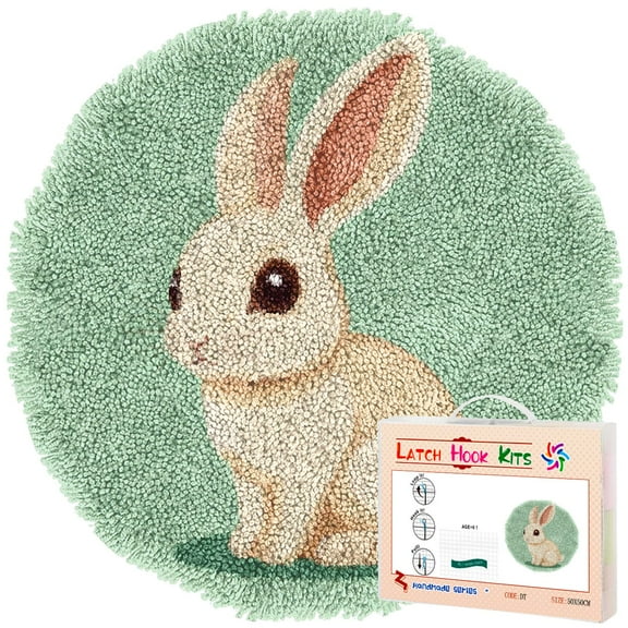 Latch Hook Rug Kit A Cute Cartoon White Rabbit Stamped Handmade Round Shape Carpet Crochet Yarn Craft DIY Hook and Latch Door Mat Tapestry for Home Floor Decor 50x50cm(1)