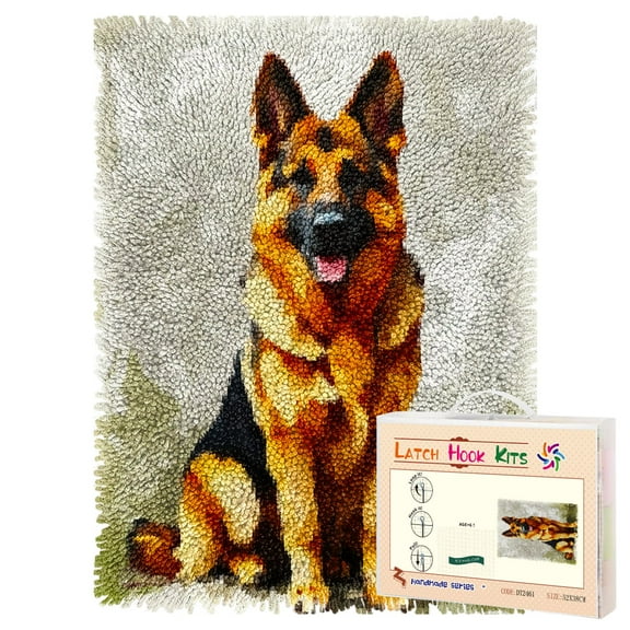 Latch Hook Rug Kit Cute German Shepherd Dog Pre-printed Handmade Carpet Crochet Yarn Craft DIY Hook and Latch Door Mat Tapestry for Home Floor Decoration 52x38cm-1