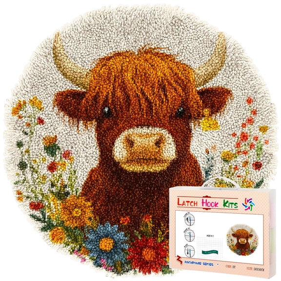 Latch Hook Rug Kit Cute Highland Cow in Flowers Stamped Handmade Round Shape Carpet Crochet Yarn Craft DIY Hook and Latch Door Mat Tapestry for Christmas Home Floor Decor 50x50cm(2)
