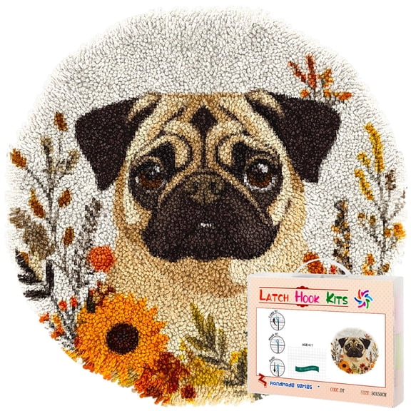 Latch Hook Rug Kit Cute Pug Dog in Color Flowers Stamped Handmade Round Shape Carpet Crochet Yarn Craft DIY Hook and Latch Door Mat Tapestry for Christmas Home Floor Decor 50x50cm(4)