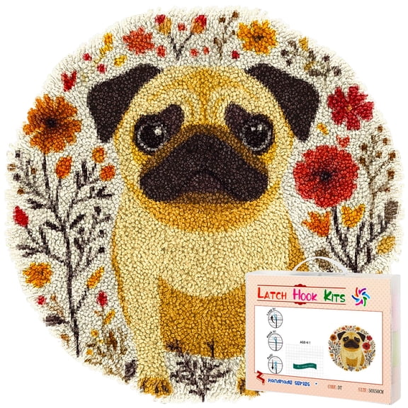 Latch Hook Rug Kit Cute Pug Dog in Color Flowers Stamped Handmade Round Shape Carpet Crochet Yarn Craft DIY Hook and Latch Door Mat Tapestry for Christmas Home Floor Decor 50x50cm(2)