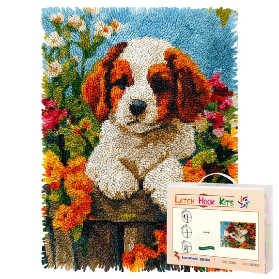 Latch Hook Rug Kit Cute Puppy in Flower Bed Pre-printed Handmade Carpet Crochet Yarn Craft DIY Hook and Latch Door Mat Tapestry for Home Floor Decoration 52x38cm-2