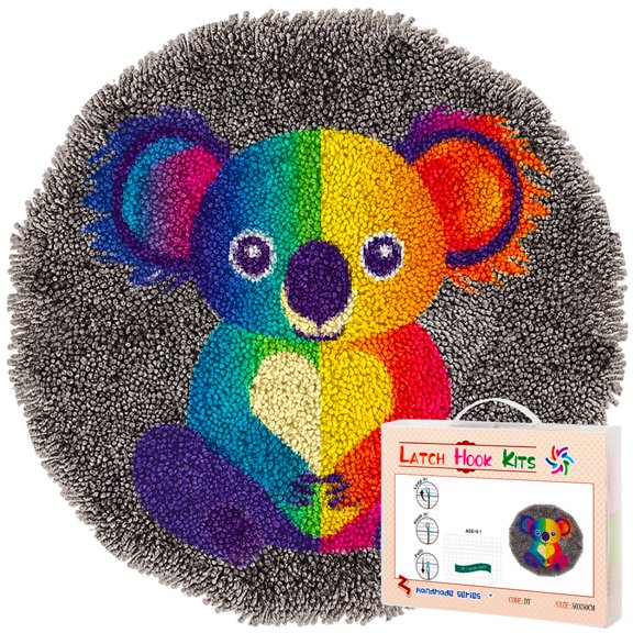 Latch Hook Rug Kit Cute Rainbow Koala Stamped Handmade Round Shape Carpet Crochet Yarn Craft DIY Hook and Latch Door Mat Tapestry for Home Floor Decor 50x50cm(3)