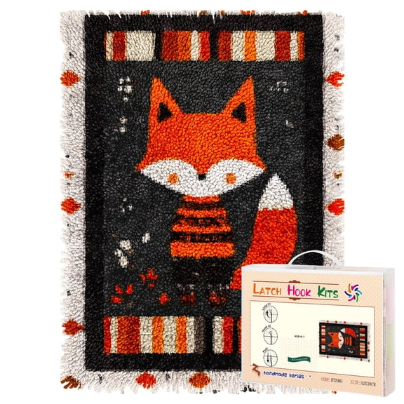 Latch Hook Rug Kit Cute Red Fox Pre-printed Handmade Carpet Crochet Yarn Craft DIY Hook and Latch Door Mat Tapestry for Home Floor Decoration 52x38cm-1