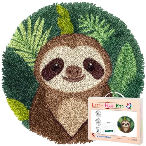 Latch Hook Rug Kit Cute Sloth Stamped Handmade Round Shape Carpet Crochet Yarn Craft DIY Hook and Latch Door Mat Tapestry for Christmas Home Floor Decor 50x50cm(1)