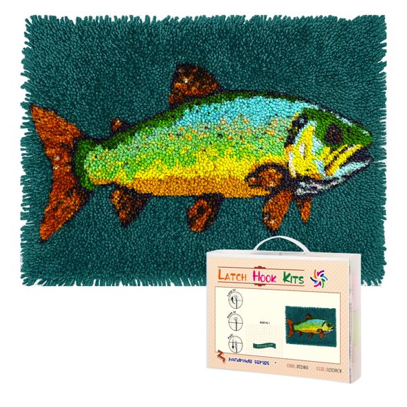 Latch Hook Rug Kit Cute Trout Fish Pre-printed Handmade Carpet Crochet Yarn Craft DIY Hook and Latch Door Mat Tapestry for Home Floor Decoration 52x38cm-2