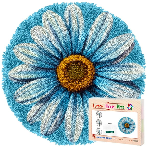 Latch Hook Rug Kit A Daisy Flower Stamped Handmade Round Shape Carpet Crochet Yarn Craft DIY Hook and Latch Door Mat Tapestry for Home Floor Decor 50x50cm(3)