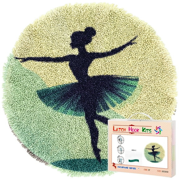 Latch Hook Rug Kit Dancing Ballerina Girl Stamped Handmade Round Shape Carpet Crochet Yarn Craft DIY Hook and Latch Door Mat Tapestry for Christmas Home Floor Decor 50x50cm(5)