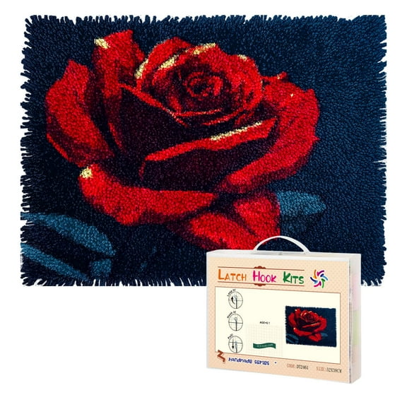 Latch Hook Rug Kit Dark Red Rose Pre-printed Handmade Carpet Crochet Yarn Craft DIY Hook and Latch Door Mat Tapestry for Home Floor Decoration 52x38cm-1