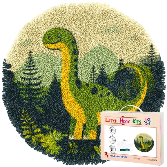 Latch Hook Rug Kit Dinosaur Mountain Tree Stamped Handmade Round Shape Carpet Crochet Yarn Craft DIY Hook and Latch Door Mat Tapestry for Home Floor Decor 50x50cm(1)