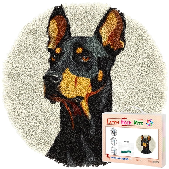 Latch Hook Rug Kit Doberman Pinscher Dog Stamped Handmade Round Shape Carpet Crochet Yarn Craft DIY Hook and Latch Door Mat Tapestry for Christmas Home Floor Decor 50x50cm(2)